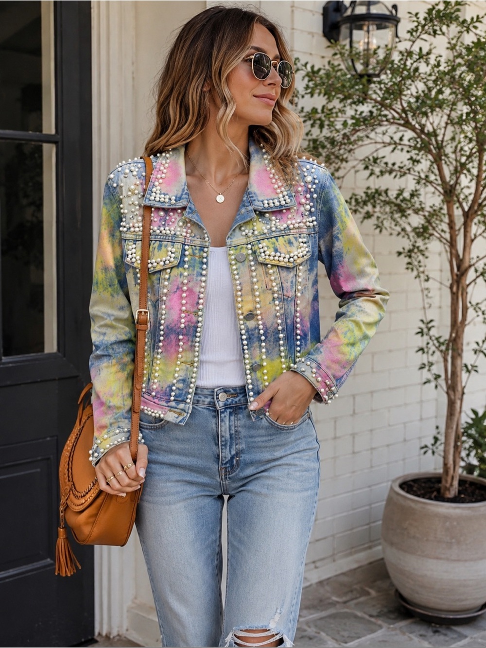 Pearl Embellished Tie-Dye Denim Jacket – Boho Chic Statement🌟